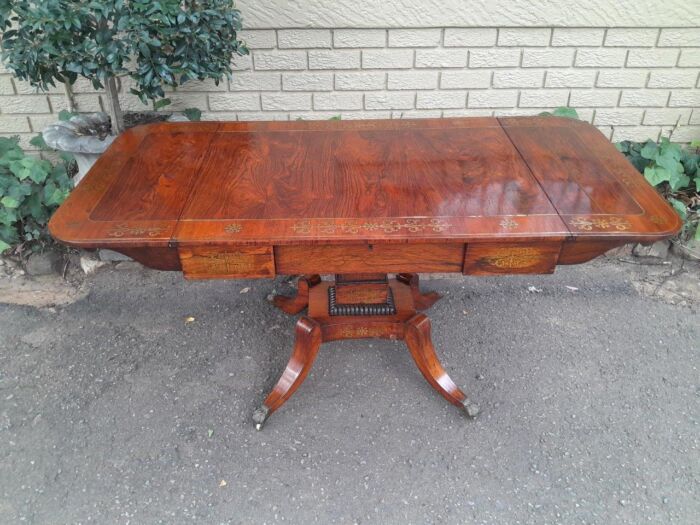 A 19th Century Victorian Brass Plated Rosewood Sofa Drop Side Table With Brass Inlay and on Brass Lion Paw Feet - Image 3