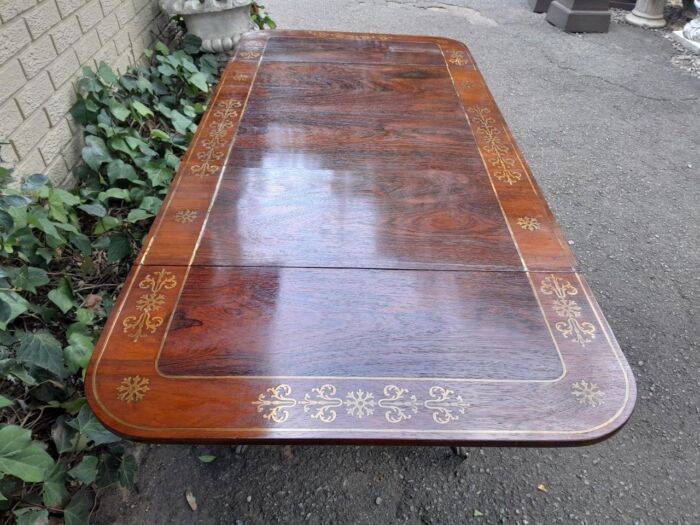 A 19th Century Victorian Brass Plated Rosewood Sofa Drop Side Table With Brass Inlay and on Brass Lion Paw Feet - Image 5