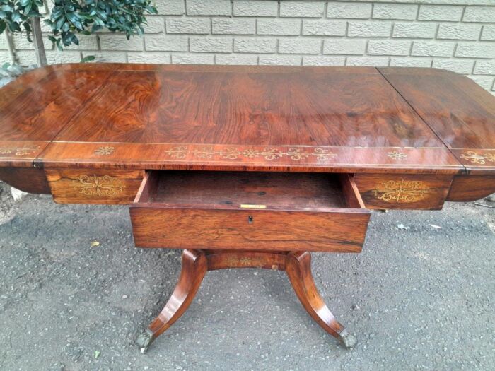 A 19th Century Victorian Brass Plated Rosewood Sofa Drop Side Table With Brass Inlay and on Brass Lion Paw Feet - Image 6