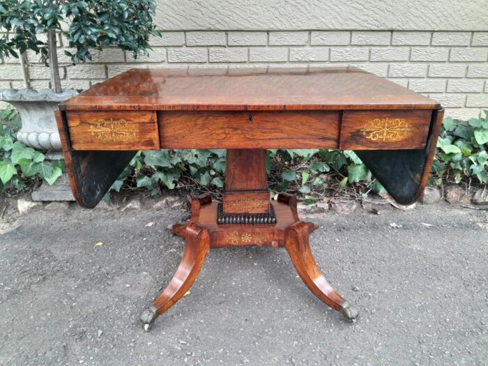 A 19th Century Victorian Brass Plated Rosewood Sofa Drop Side Table With Brass Inlay and on Brass Lion Paw Feet - Image 7