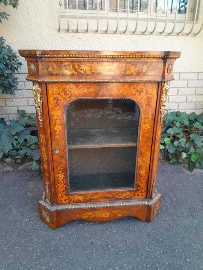 Walnut Marquetry With Ormolu Pier Cabinet Inlaid With Walnut An Exotic Woods With Lock And Key.  With BADA (British Antiques Dealers Association) Stamp