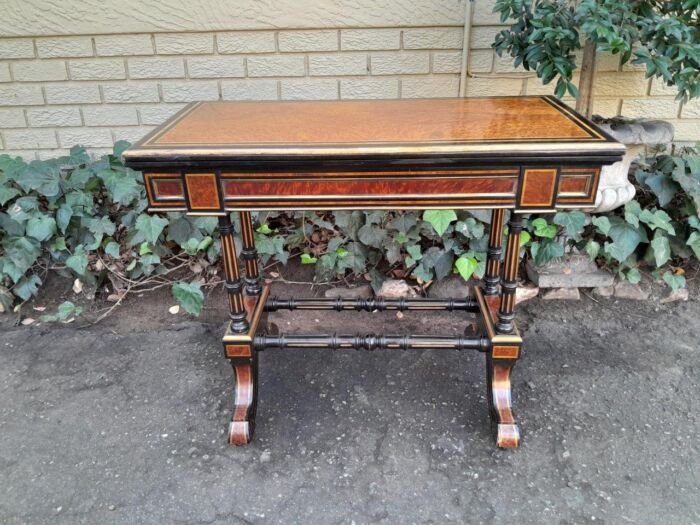 A 19th Century French Burr-Maple And Ebonised Card Table / Drinks Table / Table With Leather Top On Castors