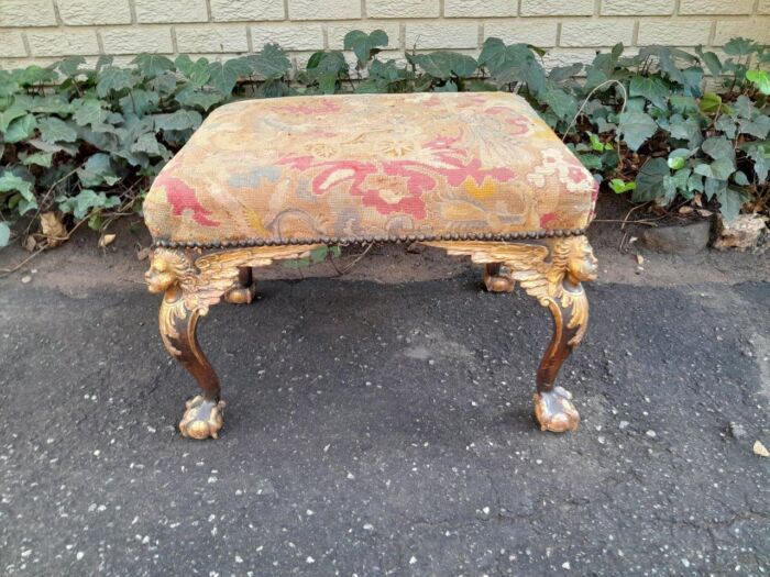 An Early 19th Century French Empire Ornately Hand Carved  Gilt Wood And Aged French Aubusson Woven Tapestry