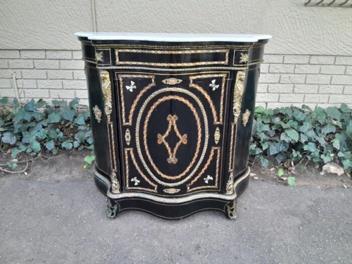 A 19th Century French Credenza With Marquetry Inlay. Mother Of Pearl And Ormolu And White Marble Top