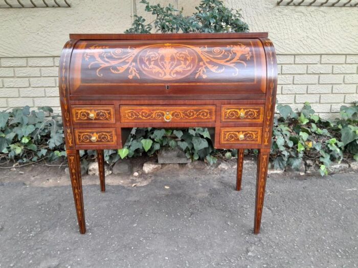 A 20th Century Rosewood And Inlaid Marquetry Cylinder Desk With Pull Out Writing Section