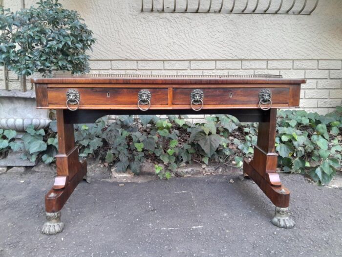 A 19th Century William IV Rosewood Desk with Gilt Tooled Leather and Gilt Metal Gallery Top on Bronze Lion Claw Feet - Image 2