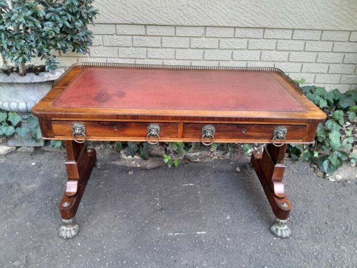 A 19th Century William IV Rosewood Desk with Gilt Tooled Leather and Gilt Metal Gallery Top on Bronze Lion Claw Feet - Image 3