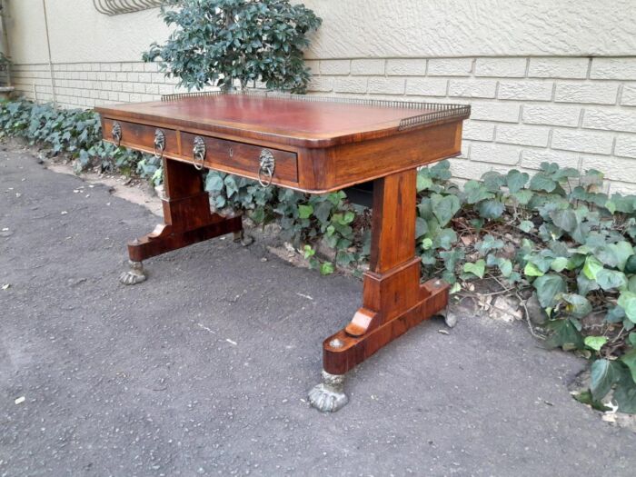 A 19th Century William IV Rosewood Desk with Gilt Tooled Leather and Gilt Metal Gallery Top on Bronze Lion Claw Feet - Image 5