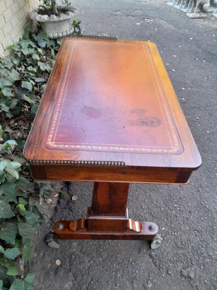 A 19th Century William IV Rosewood Desk with Gilt Tooled Leather and Gilt Metal Gallery Top on Bronze Lion Claw Feet - Image 7