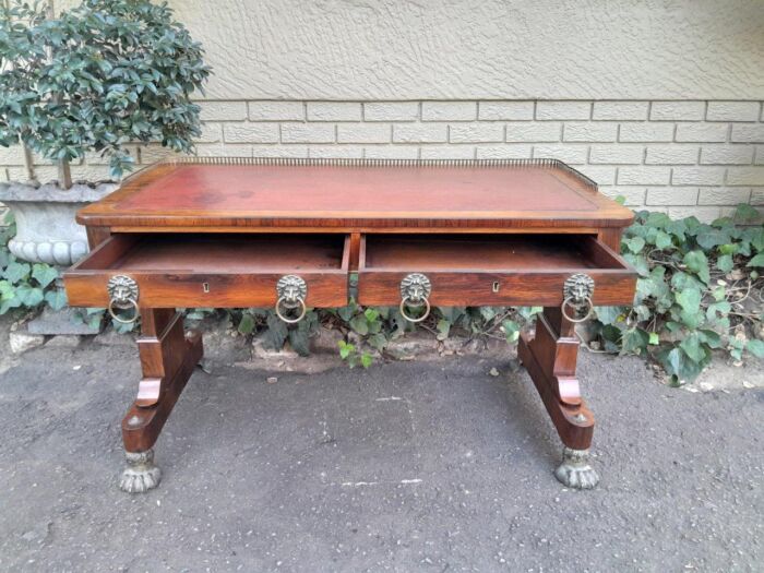 A 19th Century William IV Rosewood Desk with Gilt Tooled Leather and Gilt Metal Gallery Top on Bronze Lion Claw Feet - Image 8