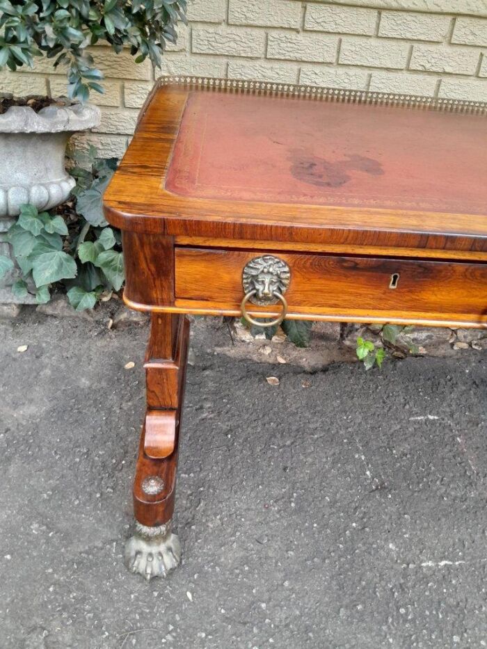 A 19th Century William IV Rosewood Desk with Gilt Tooled Leather and Gilt Metal Gallery Top on Bronze Lion Claw Feet - Image 11