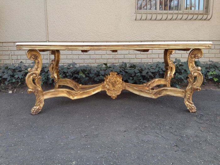 A 20TH Century Ornately Carved & Hand-Gilded Console/Entrance/Dining/Drinks Table with Cream Marble Top