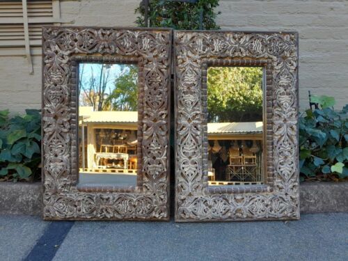 A Pair of Heavily Carved Ornate Floral Mirrors in A Distressed Contemporary Finish