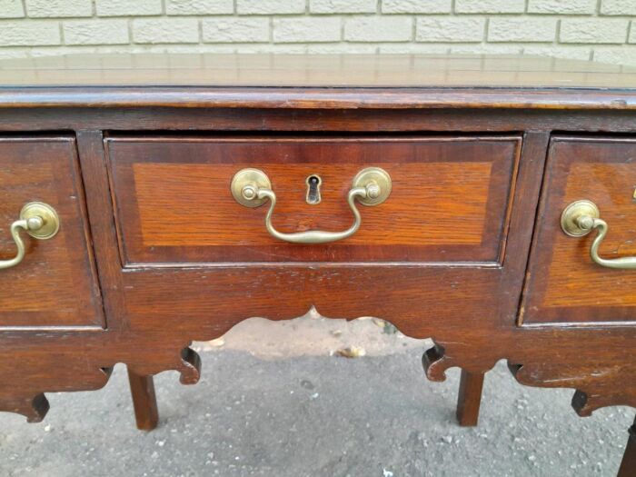 An 18th/ 19th Century Georgian Oak and Mahogany Lowboy with Drawers and Brass Handles - Image 9