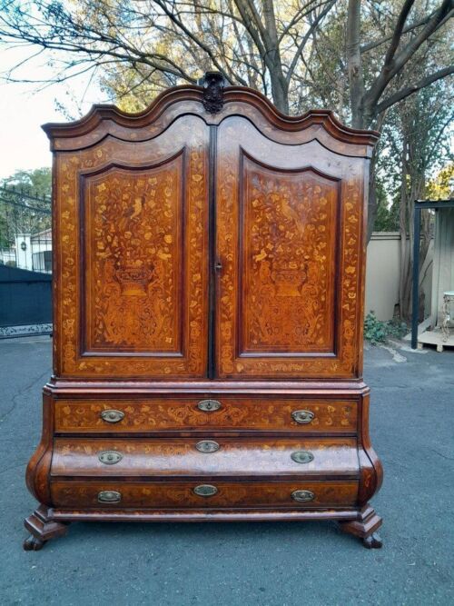 An Antique 18th Century Dutch Marquetry Armoire / Cabinet / Bombe