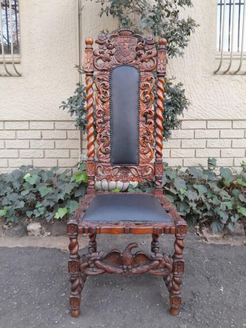 An Antique Dutch Carved Walnut Chair Upholstered In Leather