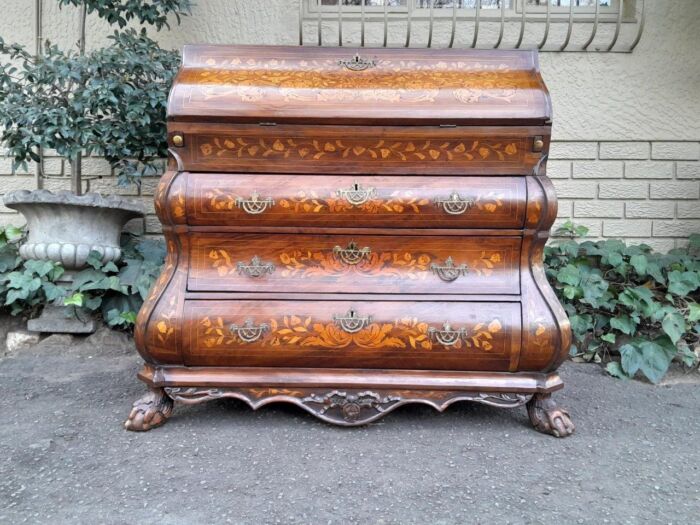 An Antique 18th Century Dutch Marquetry Bombe Bureau with Leather Writing Surface