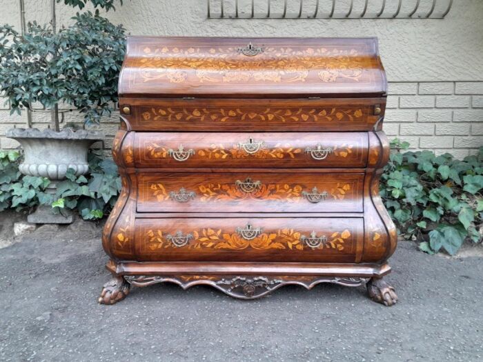 An Antique 18th Century Dutch Marquetry Bombe Bureau with Leather Writing Surface - Image 2