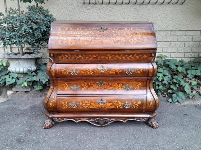 An Antique 18th Century Dutch Marquetry Bombe Bureau with Leather Writing Surface - Image 3