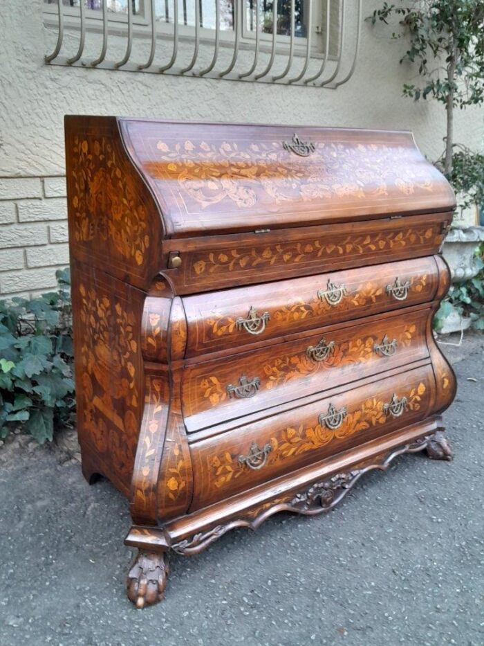 An Antique 18th Century Dutch Marquetry Bombe Bureau with Leather Writing Surface - Image 6