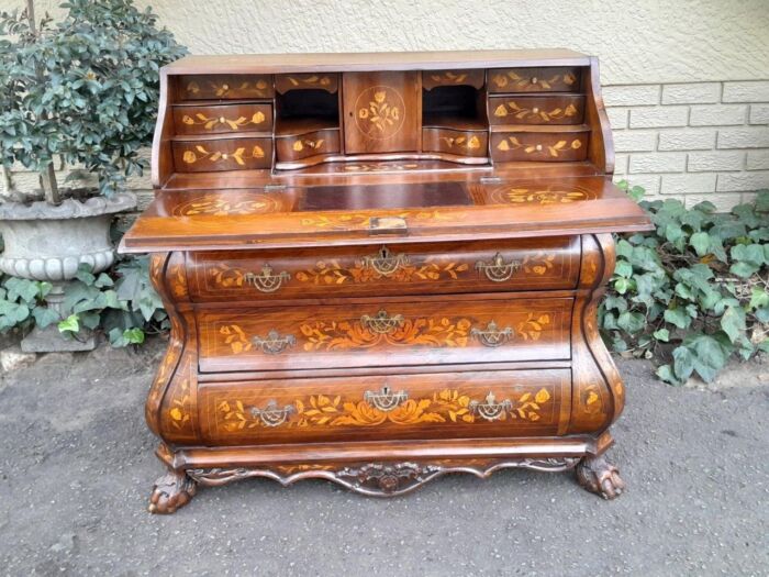 An Antique 18th Century Dutch Marquetry Bombe Bureau with Leather Writing Surface - Image 7