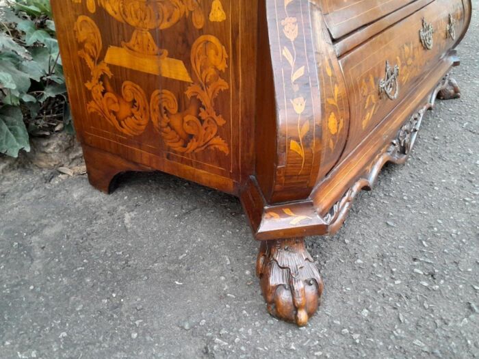 An Antique 18th Century Dutch Marquetry Bombe Bureau with Leather Writing Surface - Image 14