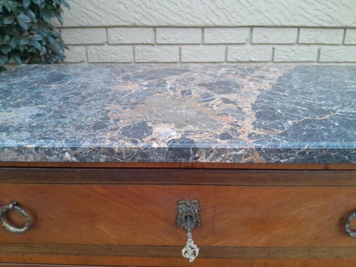 An Antique Kingswood and Gilt Metal Mounted Chest of Drawers with Marble Top - Image 9