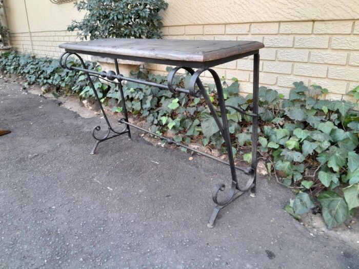 A 20th Century Wrought Iron and Hardwood Top Console Table - Image 4