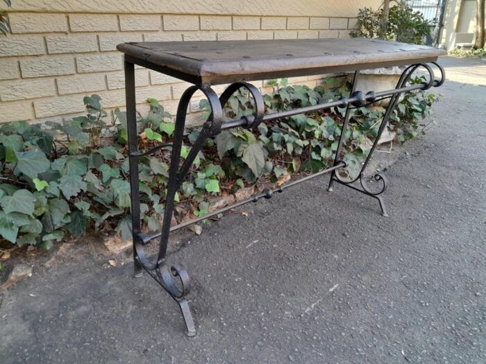 A 20th Century Wrought Iron and Hardwood Top Console Table - Image 5