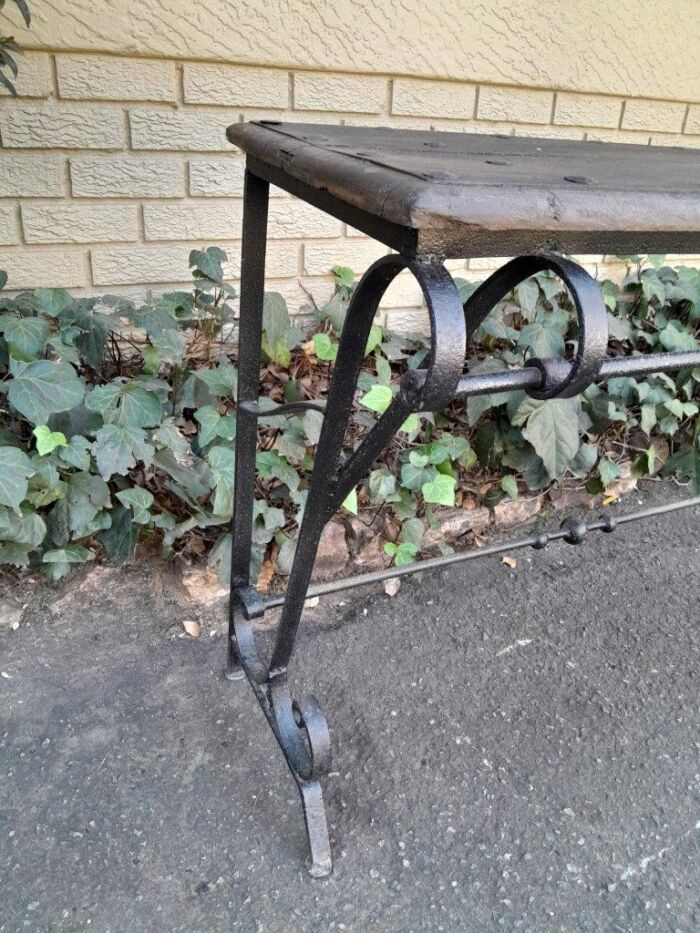 A 20th Century Wrought Iron and Hardwood Top Console Table - Image 6