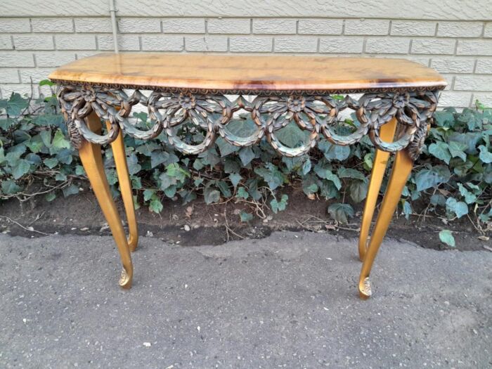 A Mid 20th Century / Circa 1950 Gilt Console Table with Decorative Faux Marble Top