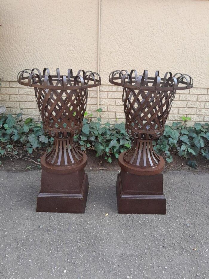 A 20th Century Pair of Decorative Wrought Iron Urns on Plinths - Image 2