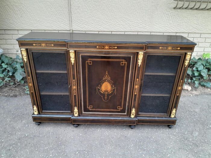 Ebonised and Ormolu Credenza / Sideboard / Cabinet with Glazed Doors and Locks and One Key