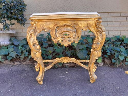 A 20th Century Victorian Style Mahogany Hand-Gilded Console Table With Marble Top