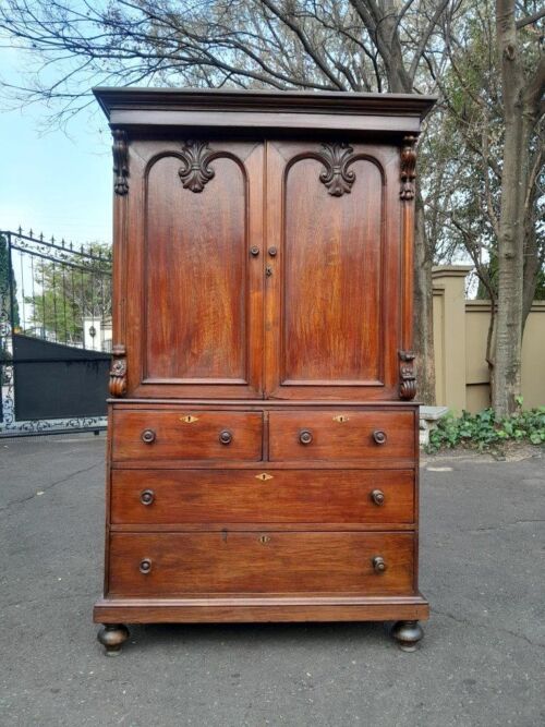 A 19TH Century Antique Victorian Mahogany Linen Press With Drawers and Shelves