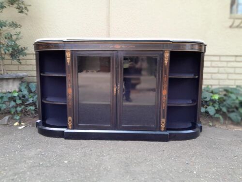 An Antique Victorian French Style Ebonised and Inlay Walnut Credenza/Display Cabinet with Brass Hardware and Glazed Doors