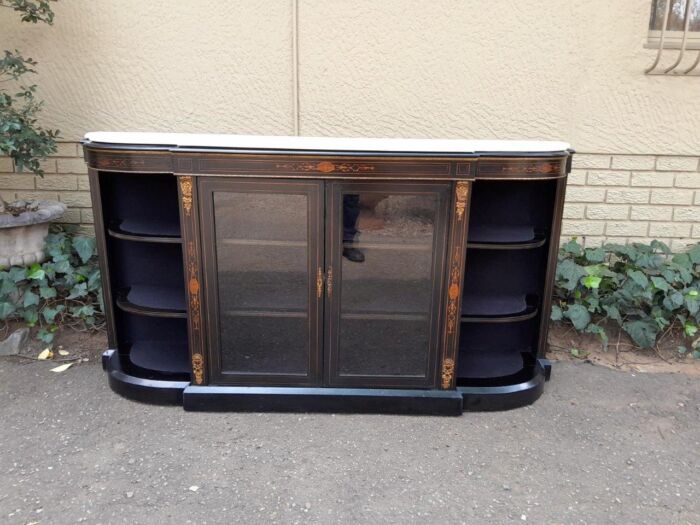 An Antique Victorian French Style Ebonised and Inlay Walnut Credenza/Display Cabinet with Brass Hardware and Glazed Doors - Image 2