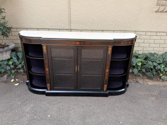 An Antique Victorian French Style Ebonised and Inlay Walnut Credenza/Display Cabinet with Brass Hardware and Glazed Doors - Image 3