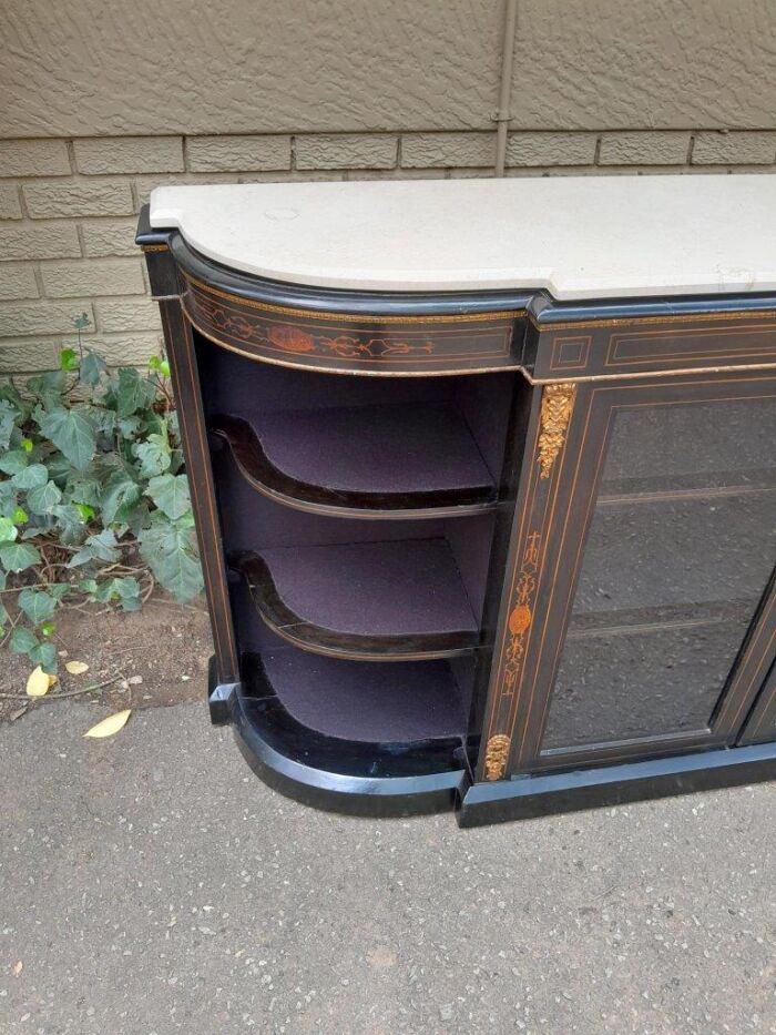 An Antique Victorian French Style Ebonised and Inlay Walnut Credenza/Display Cabinet with Brass Hardware and Glazed Doors - Image 8