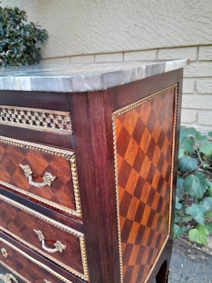 A 20th Century Parquetry Chest Of Drawers With Gilt Mounts And Marble Top - Image 9