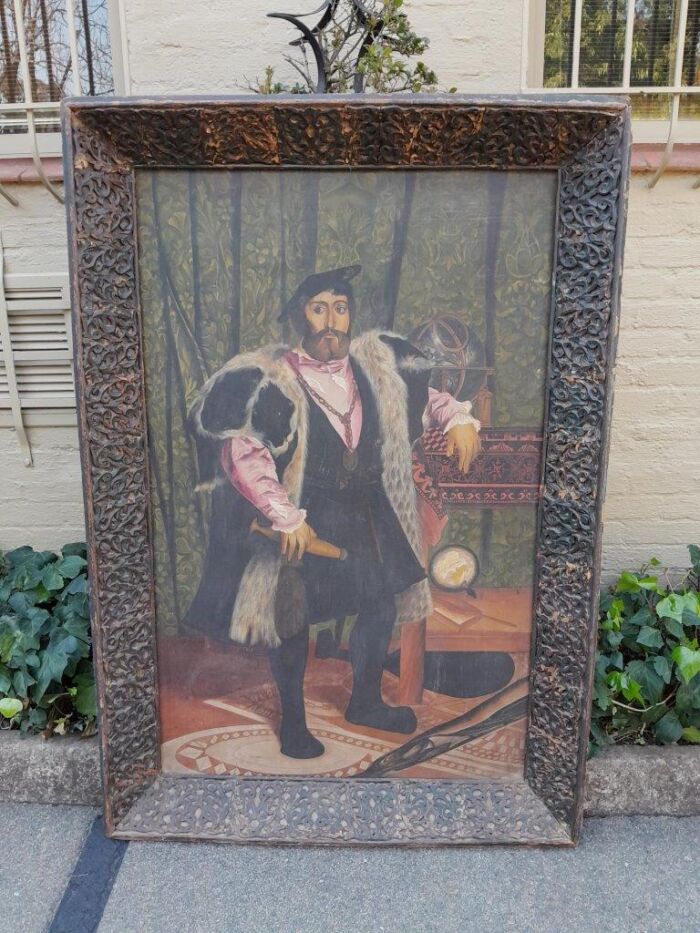 A 20th Century Painting of a Tudor Man in an Ornately Carved Wooden Frame of Large Proportion