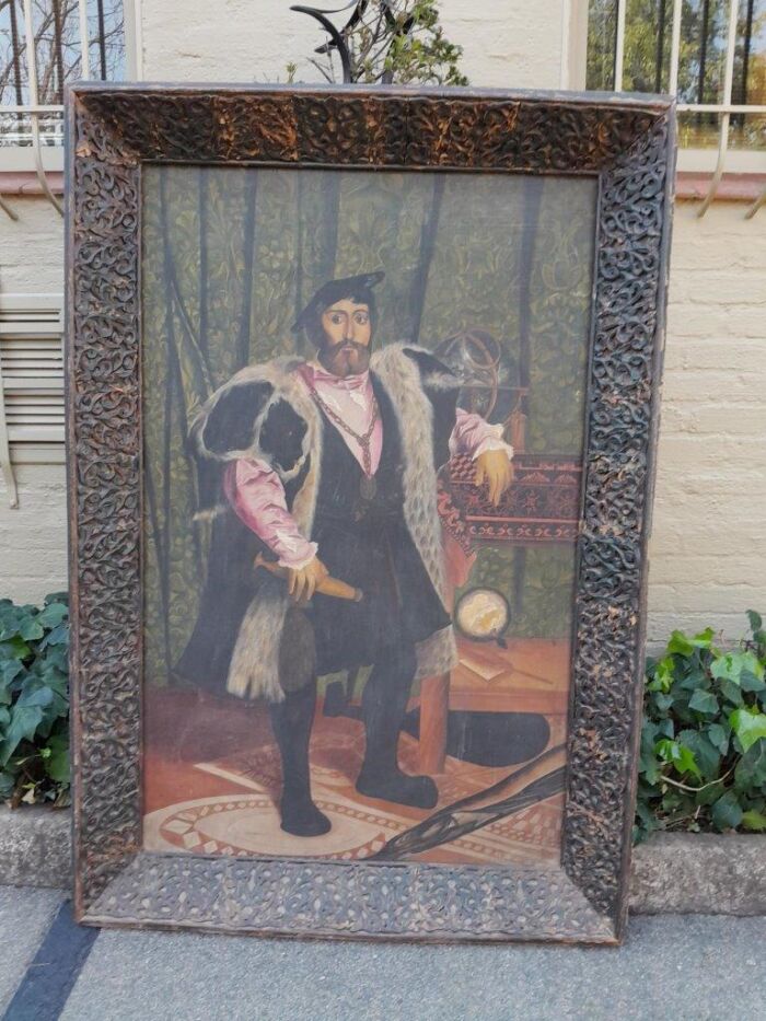 A 20th Century Painting of a Tudor Man in an Ornately Carved Wooden Frame of Large Proportion - Image 2