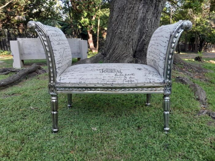 A French Style Window Bench / Seat In Silver Gilt And Upholstered In Ticking / Pinstripe Fabric