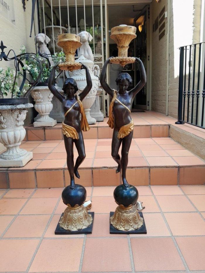 A 20th Century Pair of Large Size Bronze Blackamoor Torchere Lamps