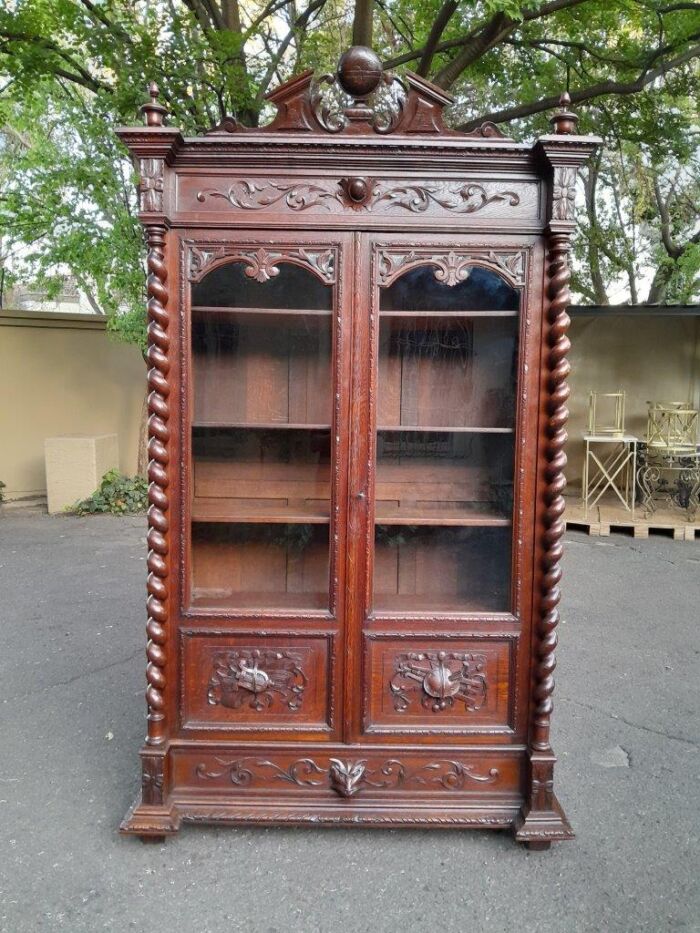 A 19th Century French Louis XVI- Style  Carved Oak Bookcase Cabinet with Glazed Doors