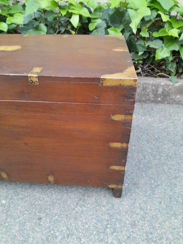 An Early 1900 Anglo Indian Brass Bound Military Campaign Chest with Brass Hardware - Image 7