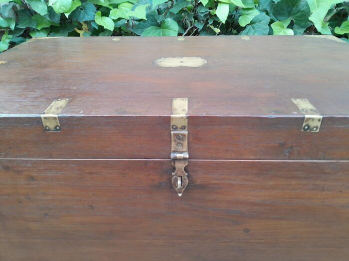 An Early 1900 Anglo Indian Brass Bound Military Campaign Chest with Brass Hardware - Image 8