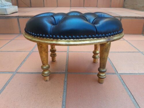 An Antique Victorian Wooden Footstool Upholstered in Deep Buttoned Leather