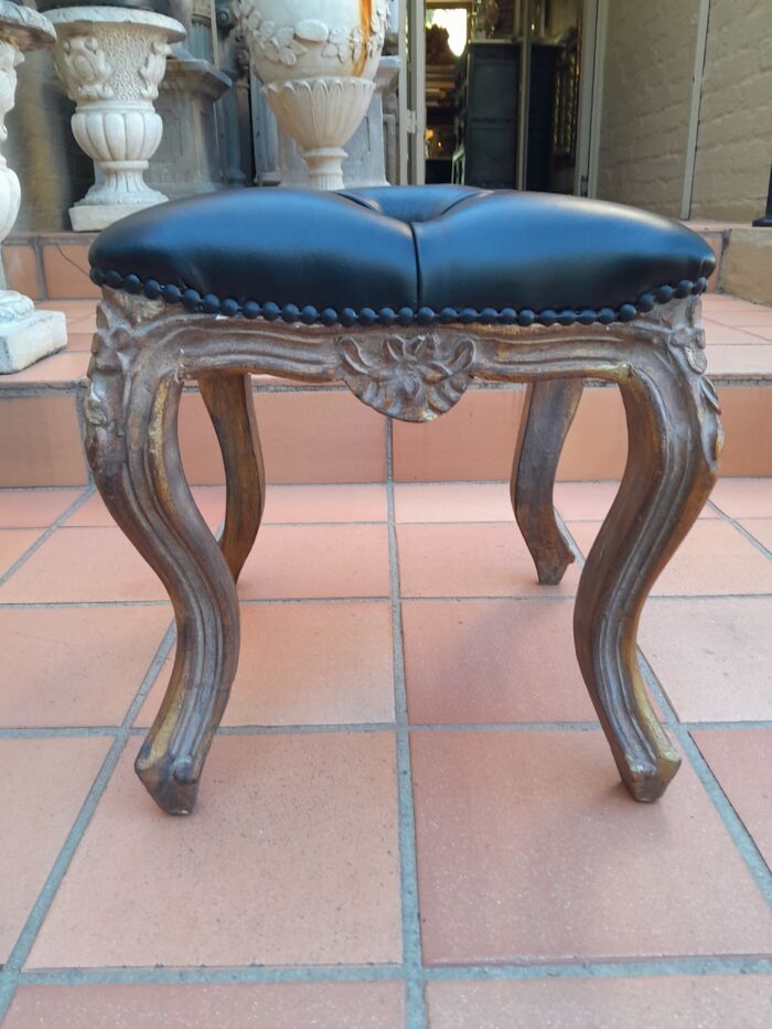 A 20th Century French Style GiltWood Ottoman /Tuffett /Stool Upholstered in Deep Buttoned Leather