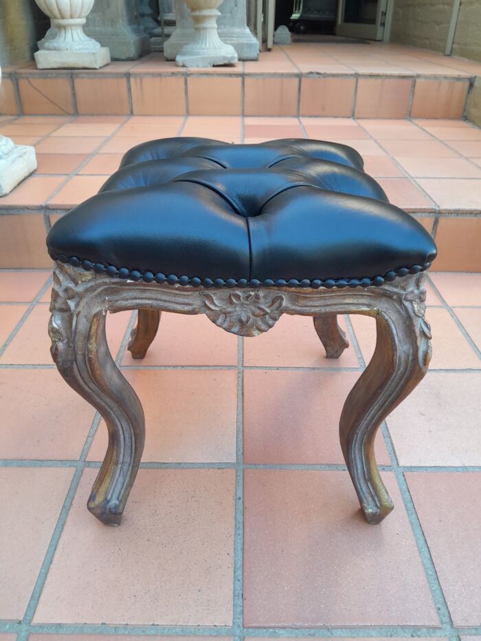 A 20th Century French Style GiltWood Ottoman /Tuffett /Stool Upholstered in Deep Buttoned Leather - Image 3